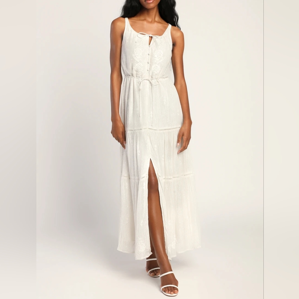 Shine and Yours White Embroidered Tiered Maxi Dress
